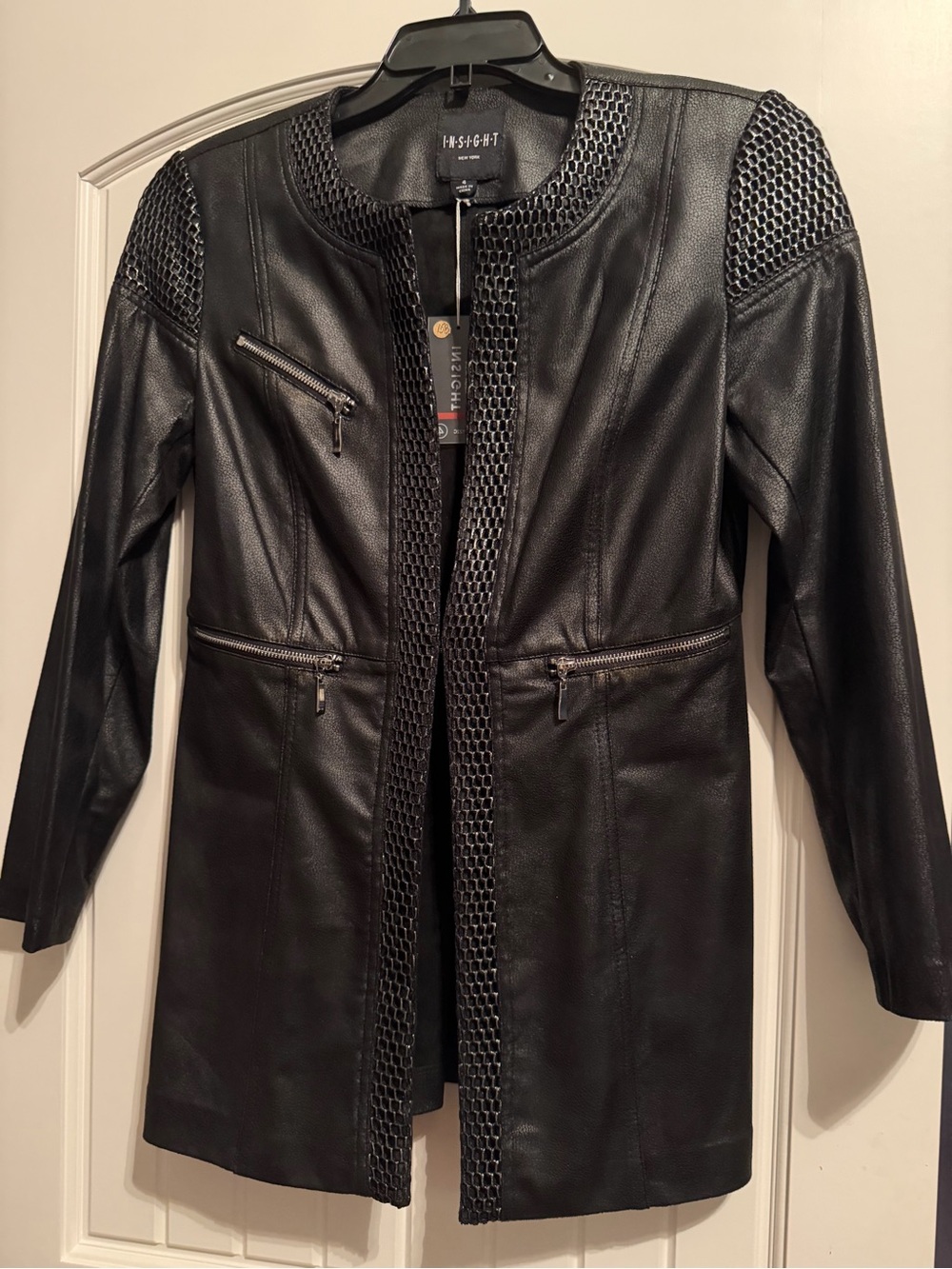 Insight Black Faux Leather Long Jacket with Mesh Trim